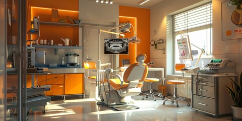 Dental room decorated in orange and white tones with an x-ray picture of the tooth. Generative Ai - obrazy, fototapety, plakaty