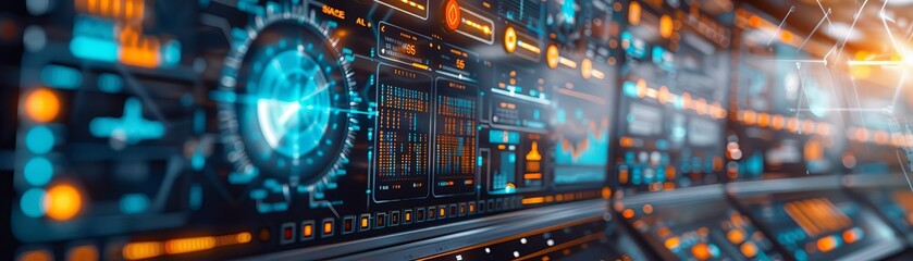 Obraz premium A computer monitor with a blue screen and orange buttons. The buttons are labeled with numbers and letters