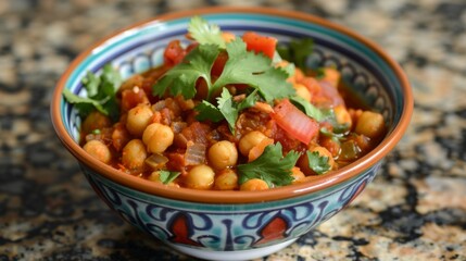 A vibrant bowl of spicy chickpea curry garnished with cilantro leaves