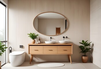 A modern wooden vanity with a large oval mirror, decorative vases, and a potted plant in a minimalist bathroom setting. on the wall are two paintings of Japanese zen art.the visuals are very high qual
