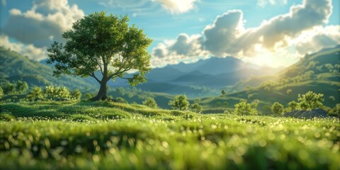 Naklejka premium Green rolling hills under blue sky