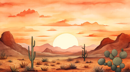 Craft a watercolor background that evokes the calm of a desert at sunset