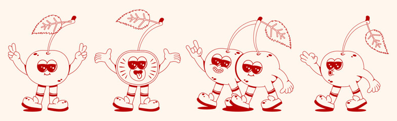 Cherry character in linear style. Vector set of retro groovy cherry mascots with different emotions, hand drawn arms and legs. Doodle illustration.
