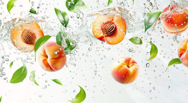 Fresh peaches and vibrant green leaves surrounded by dynamic water splashes, capturing nature's freshness in vivid detail