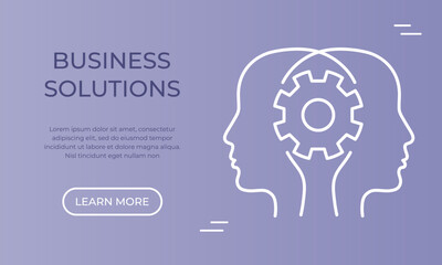 Business solutions banner template with two heads and gear outline icon. Teamwork, partnership, brainstorming concept. Vector illustration