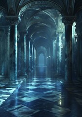 Blue marble columns in a long hallway with a bright light at the end