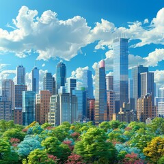 Obraz premium A beautiful cityscape with a park in front of it