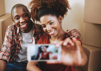 Black couple, selfie and smile on floor with boxes for new house, bonding or break from moving with...