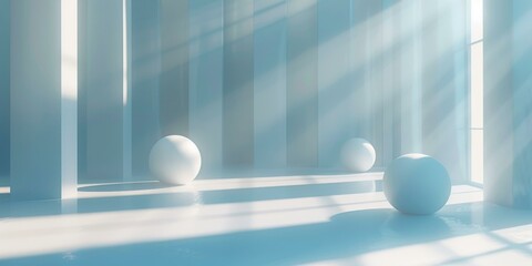 Three white spheres in a blue and white room with large windows