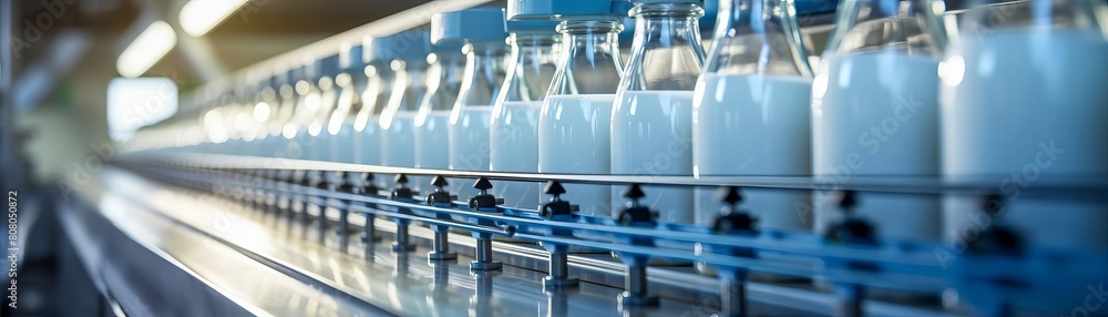 Poster a line of milk bottles are being produced on a conveyor belt. the bottles are all the same size and 