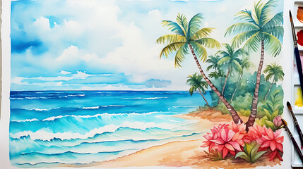 Fototapeta na wymiar Craft a watercolor background that reflects the warmth of a summer beach day