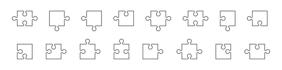 Jigsaw puzzle piece template with outline, blank pattern on white background. Flat vector illustration isolated