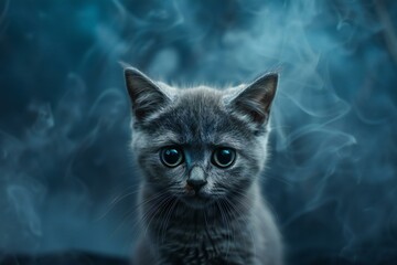 Portrait of a blue british shorthair kitten with smoke