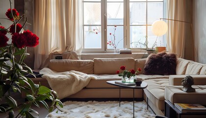 Modern living room have sofa lamp distributing flowers, carpet and table pillows