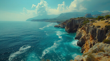A dramatic coastline with rugged cliffs plunging into the azure sea below, waves crashing against...