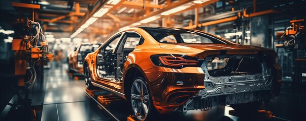 A car is being built in a factory. The car is orange and has a shiny finish. The factory is filled with machinery and workers