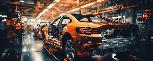 Fototapeta premium A car is being built in a factory. The car is orange and has a shiny finish. The factory is filled with machinery and workers