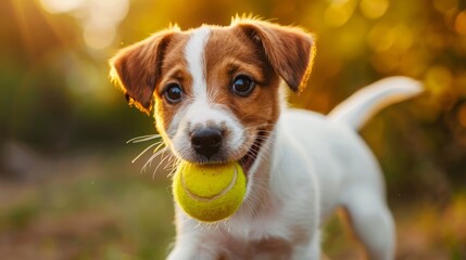 adorable puppy happily holds a tennis ball with a wagging tail, exuding playfulness and love in this endearing image