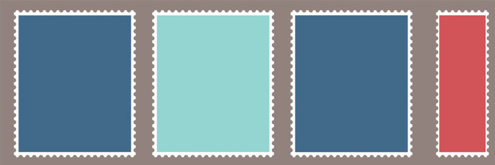 Blank postage stamps. Vector set of postmarks. Perforated edges. Textured paper surface. Different shapes with a folded corners. Realistic clipart in the vintage style