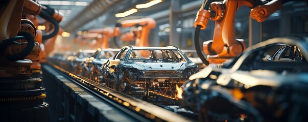 A car is being built in a factory with many robots. The car is in the middle of the assembly line