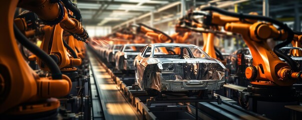 A car is being built in a factory with many robots. The car is in the middle of the assembly line and is surrounded by many robots. The robots are all orange and are working together to build the car