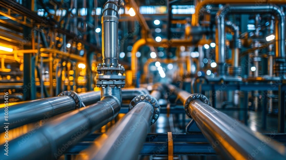Poster a large industrial pipe system with a yellow pipe in the middle. the pipes are connected to each oth