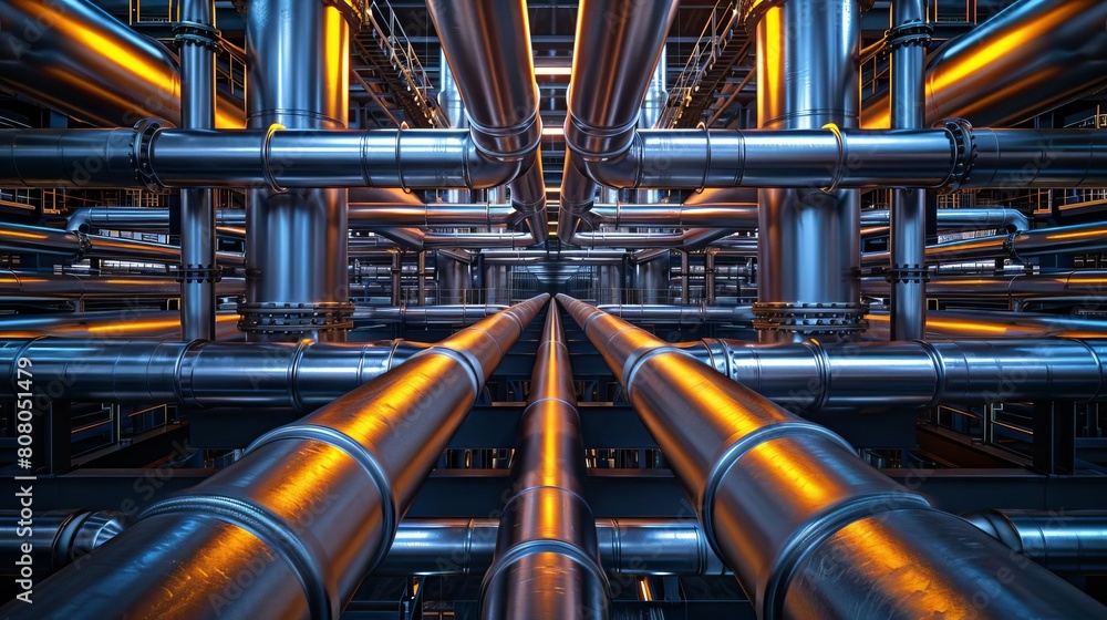 Poster a close up of a bunch of pipes with a metallic sheen. the pipes are connected to each other and appe
