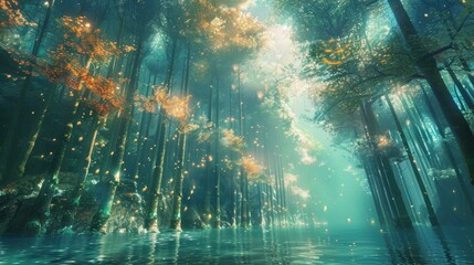 Mystical Glowing Forest with River