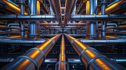 A close up of a bunch of pipes with a metallic sheen. The pipes are connected to each other and appear to be part of a larger system. Concept of complexity and organization - Powered by Adobe