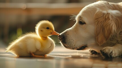 duck is touching with it's beak a dog's nose, on the floor, dog laying