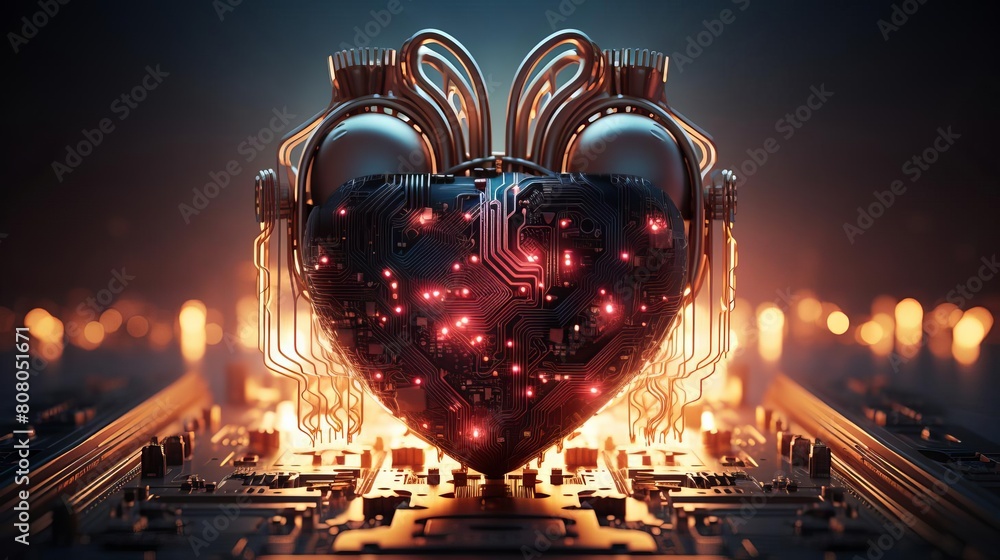 Poster a heart made of electronic components is lit up with a warm glow. the heart is surrounded by a netwo