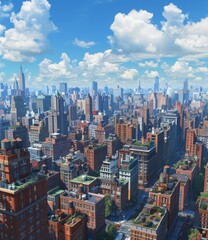 A Wide Angle View of a City with Tall Buildings and a Blue Sky