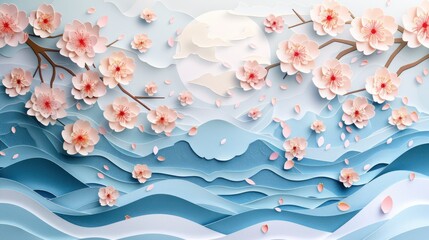 A beautiful image of pink cherry blossoms on a blue background.