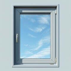 A grey window frame with a blue sky and white clouds in the background