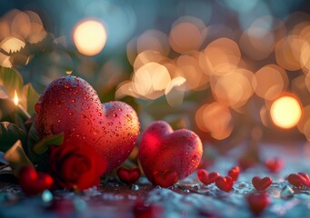 Two red hearts with red roses on a blurred background of lights.