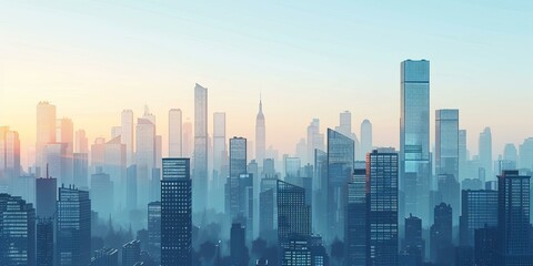 A beautiful cityscape with tall buildings and a blue sky