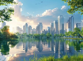 Obraz premium A beautiful city with a river and a park