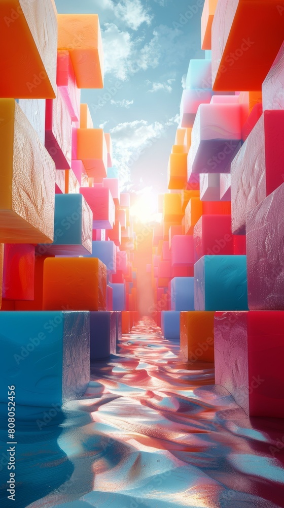 Poster surreal 3d rendering of a colorful city with a river running through it