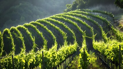 Fototapeta premium Sunny Vineyard Hills: Rows of Neatly Aligned Vines Adding Depth. Concept Vineyard Views, Lush Landscapes, Sun-kissed Rows, Picturesque Vistas