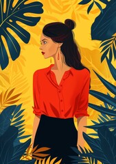 Elegant woman in red shirt standing in front of tropical leaves