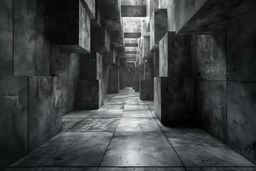 Dark concrete futuristic sci-fi corridor
