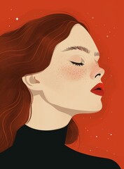 Portrait of a young redheaded woman with freckles and red lips
