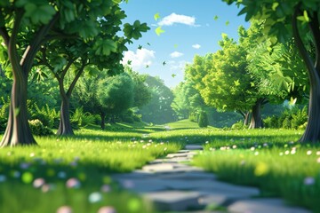 fantasy forest path with green trees and flowers