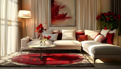 Modern living room have sofa lamp distributing flowers, carpet and table pillows