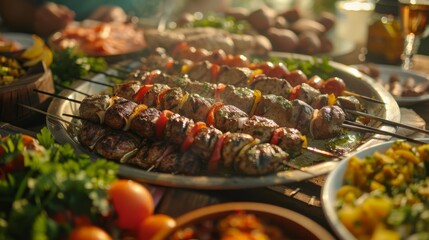A conceptual photo of a multicultural feast featuring an array of kababs from around the world,...