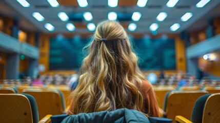 A woman sitting in a auditorium with her back to the audience, AI - Powered by Adobe