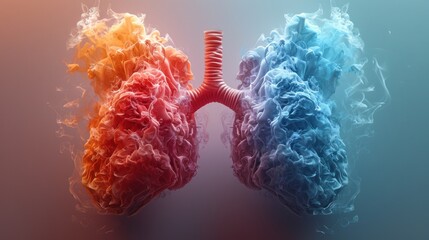 A pair of human lungs filled with smoke. The lungs are blue and the smoke is white. 