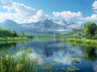 Fototapeta na wymiar Mountains, lake and green plants