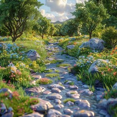 Naklejka premium Small river flowing through a lush green field