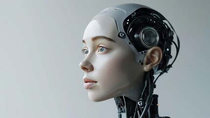 a young woman with a robotic exoskeleton attached to her head.
